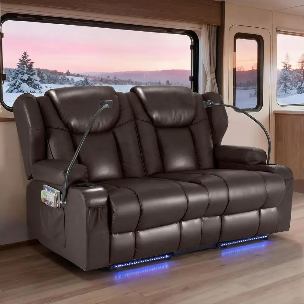 Power Reclining Dual Loveseat Sofa PU Leather With USB Ports