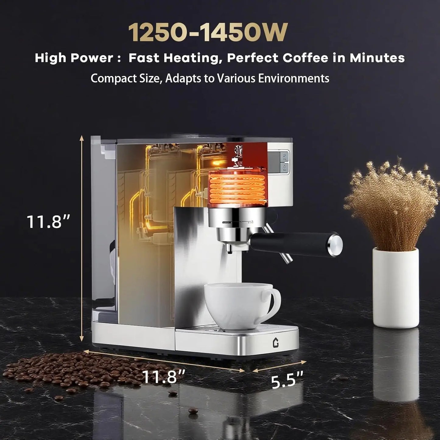 Acekool 20 Bar Semi Automatic Espresso Machine Stainless Steel