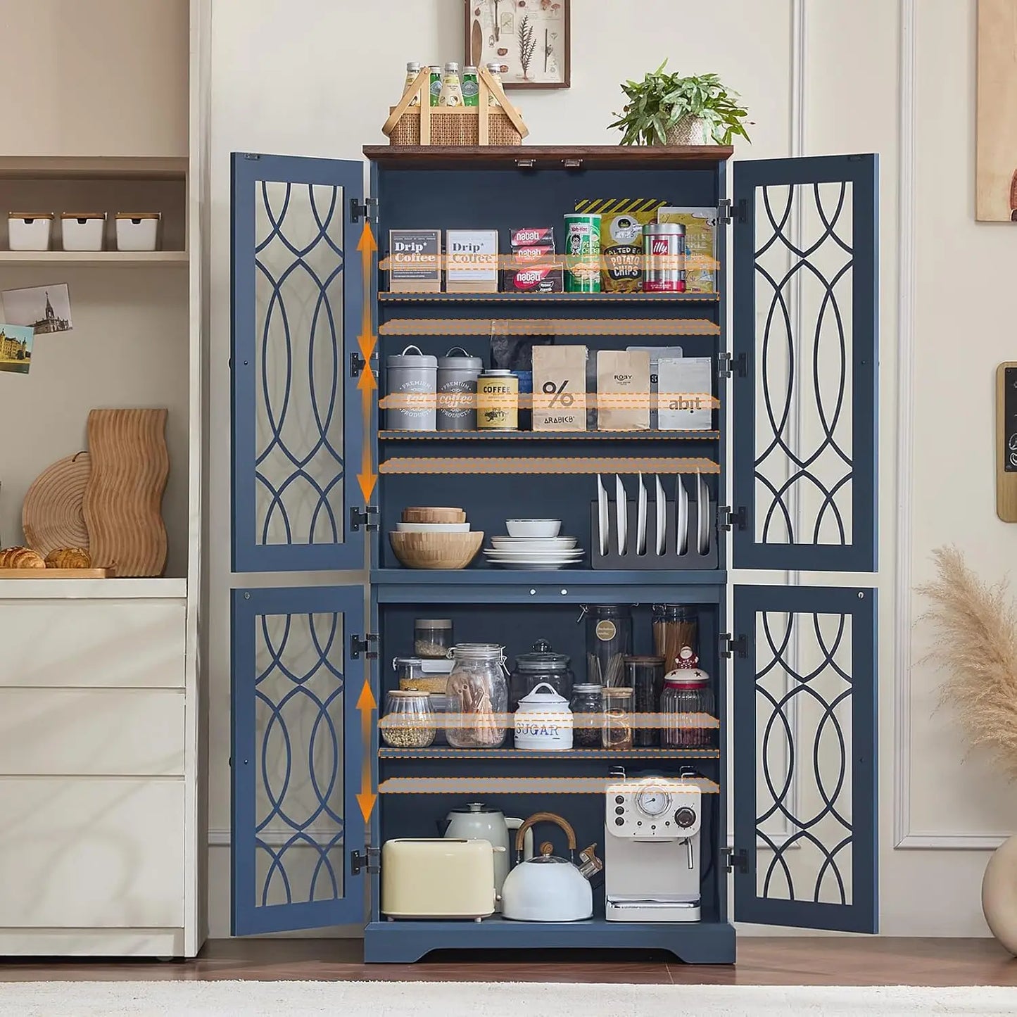 HUANZHUANG Vintage Wood Pantry Cabinet Set With Glass Doors