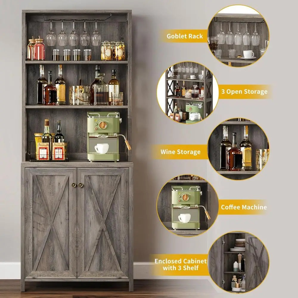 LuxeMerge Wine Bar Cabinet With Open Shelves And Glass Storage
