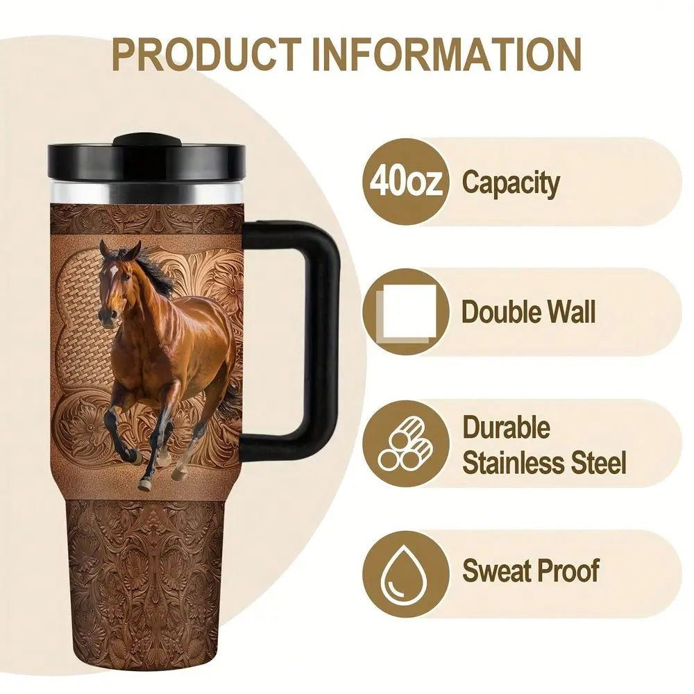 Horse Running Design Double Wall Insulated Cup Spill Proof Lid