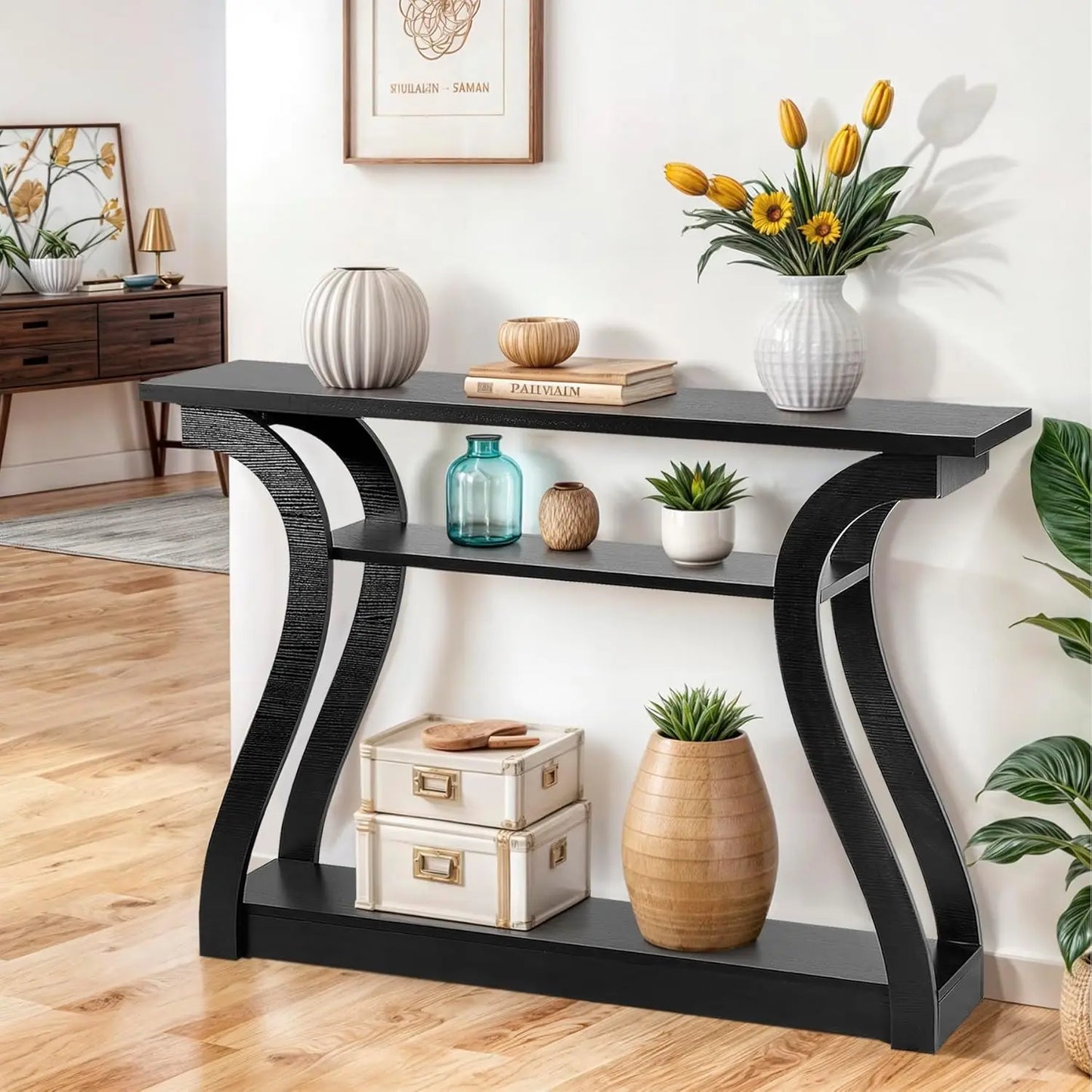 Console Table With 3 Tier Storage Shelves For Entryway
