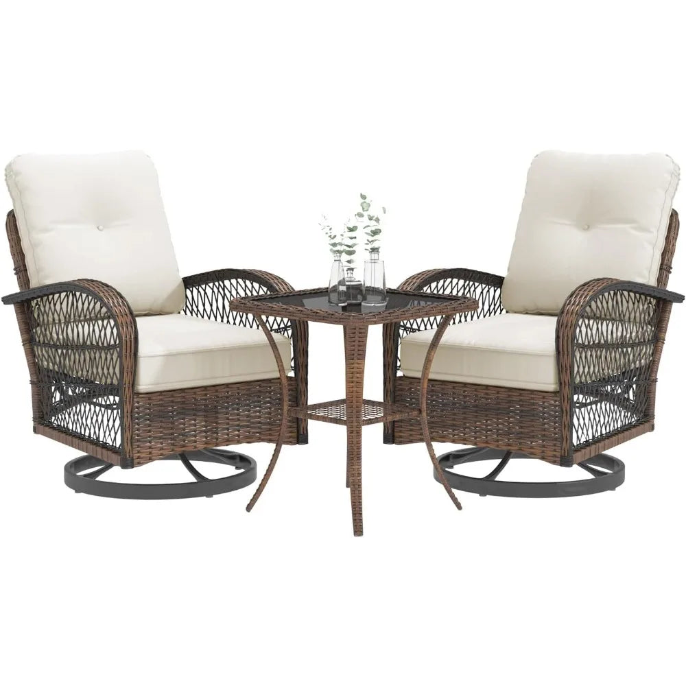 Outdoor 3 Piece Wicker Patio Set With Swivel Rocker Cushions