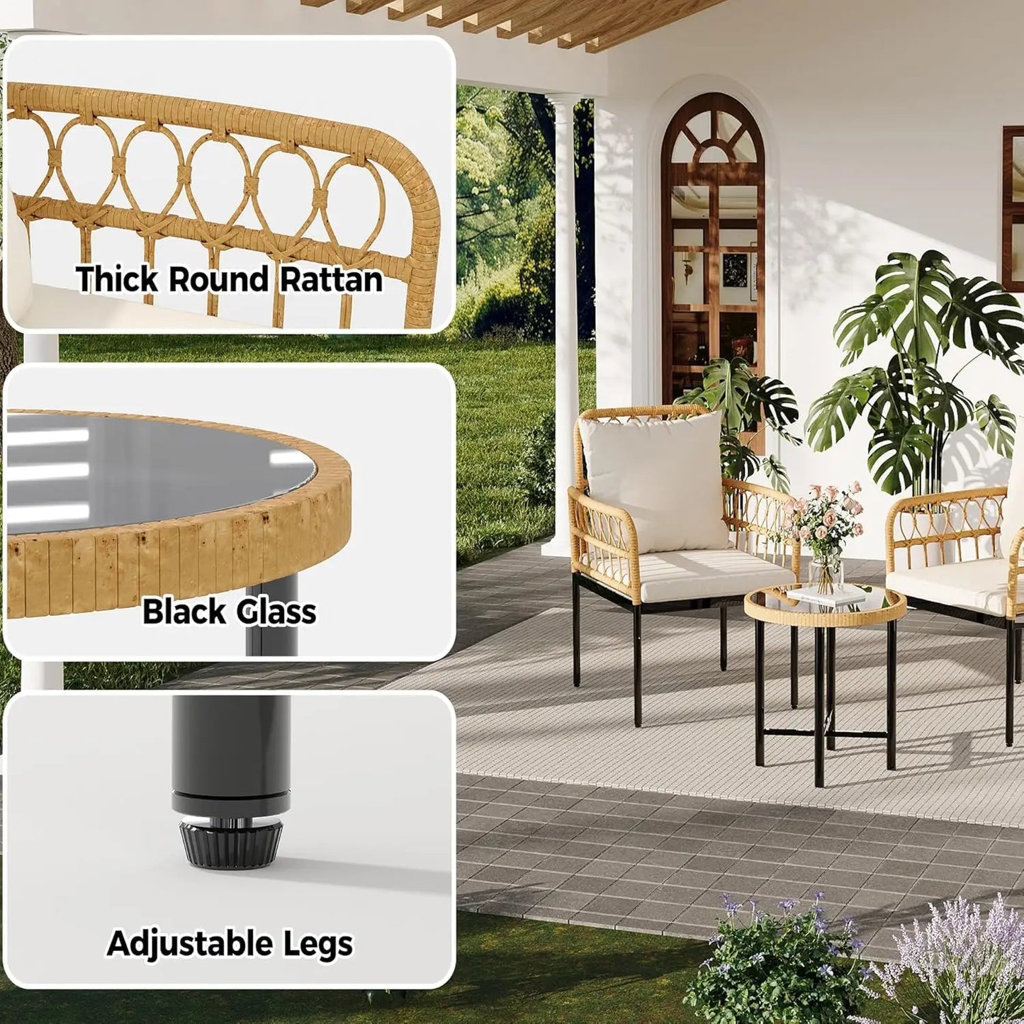 All-Weather Wicker Rattan Bistro Patio Furniture Set with Glass Table