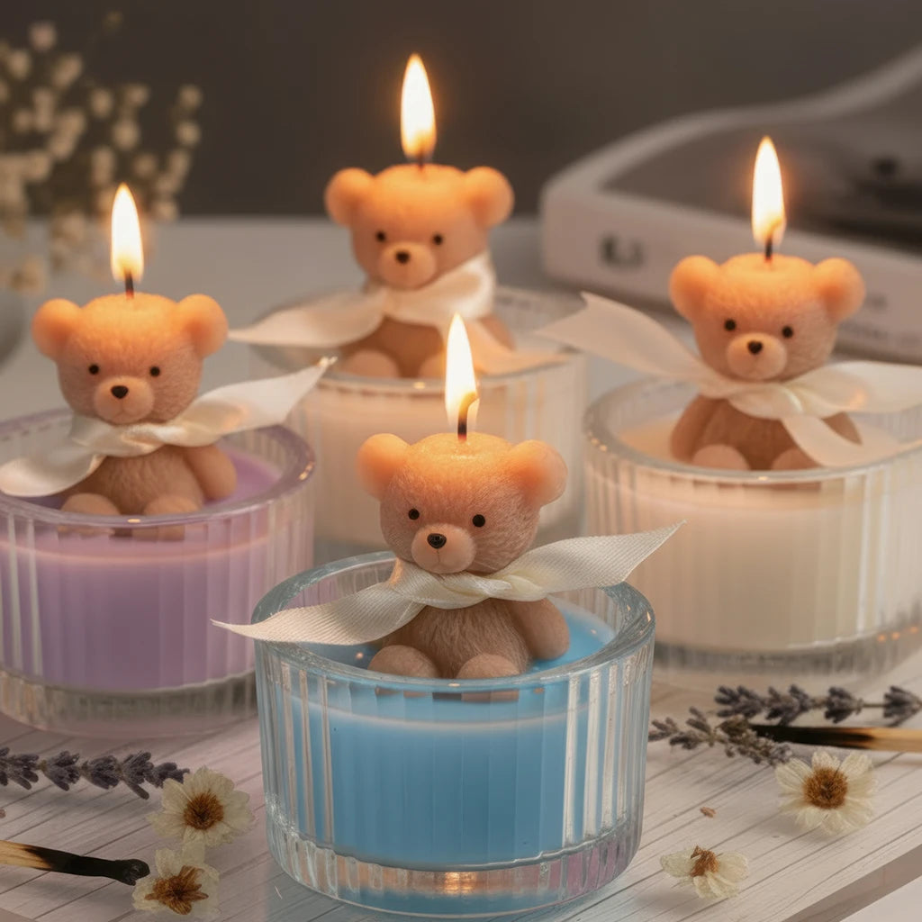 Scented Luxury Teddy Bear Soy Candle Glass Jar With Ribbon