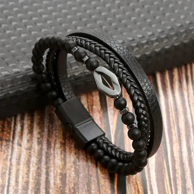 Leather Bracelet For Men Multi Layer Handwoven Fashion Accessory