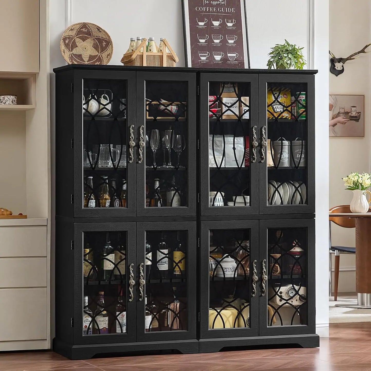 HUANZHUANG Vintage Wood Pantry Cabinet Set With Glass Doors