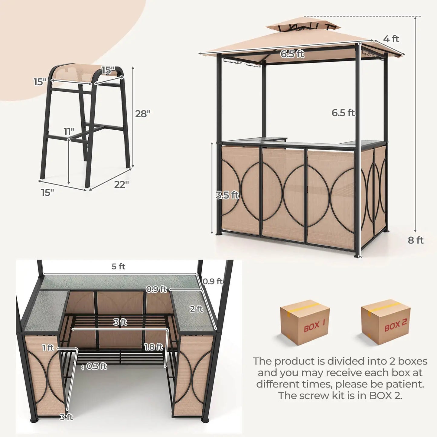 HOMASIS 3 Piece Patio Bar Set With Tempered Glass Table And Shelves