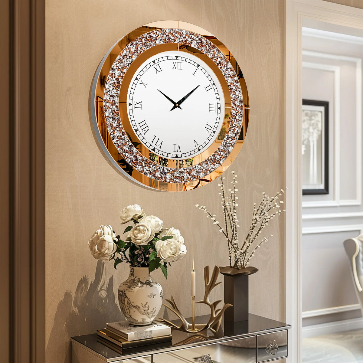 Silver Tawny Crystal Sparkle Round Mirrored Wall Clock