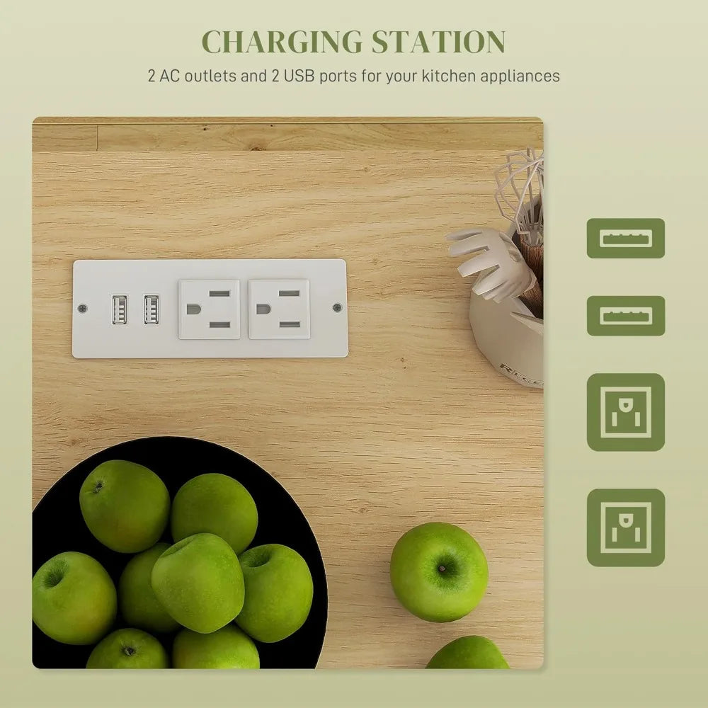 Kitchen Island With Storage Rolling Cart USB Ports Outlets