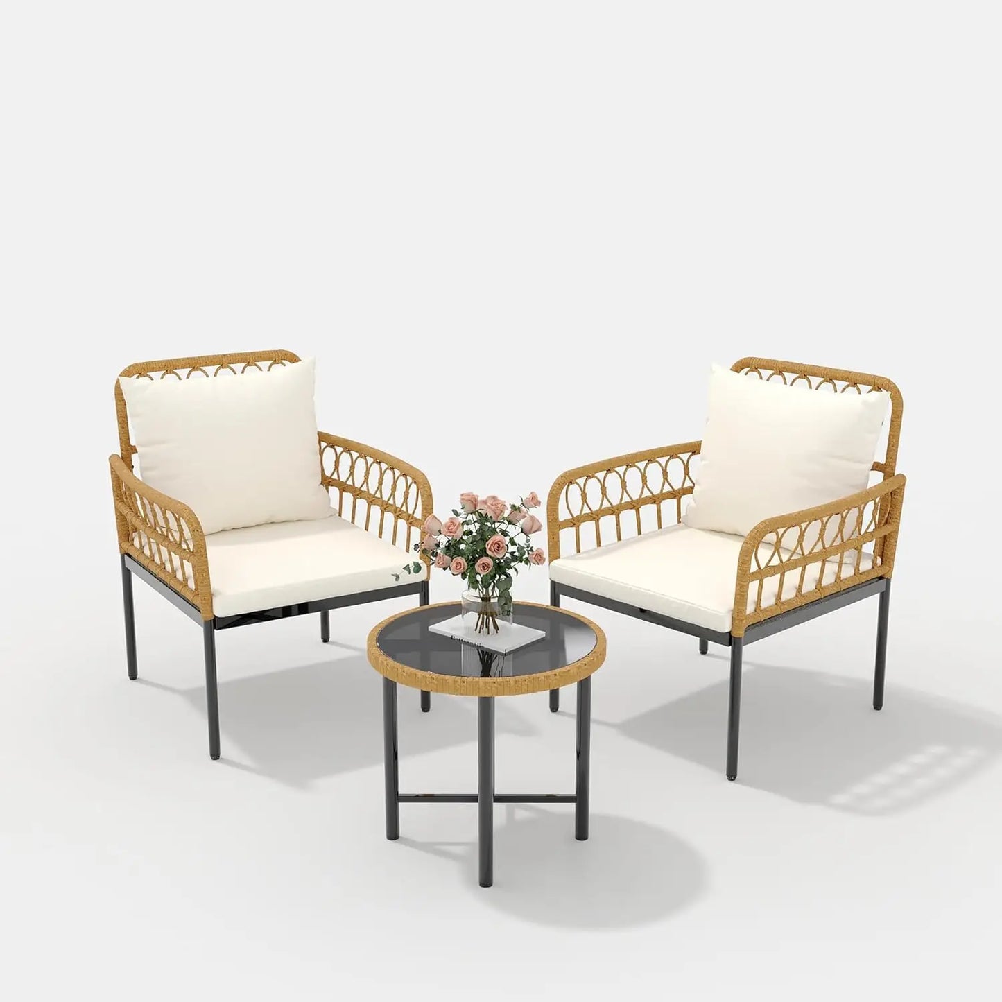 All-Weather Wicker Rattan Bistro Patio Furniture Set with Glass Table