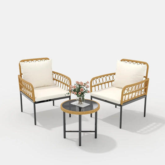 All-Weather Wicker Rattan Bistro Patio Furniture Set with Glass Table