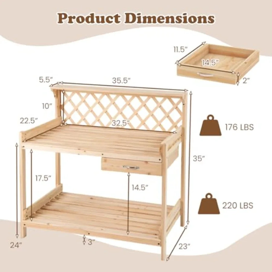 Outdoor Wood Potting Bench With 3 Tier Shelves And Drawer