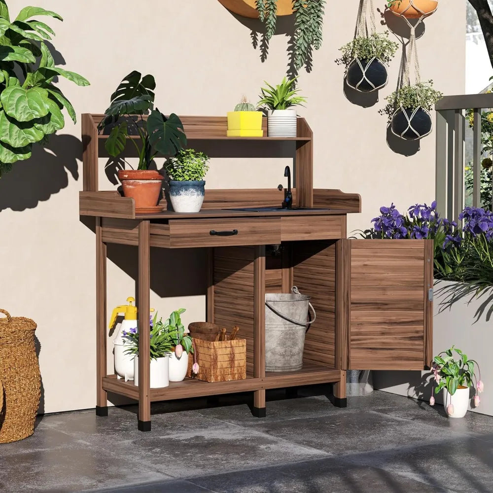 Potting Bench Table With Sink Outdoor Work Bench Storage Cabinet