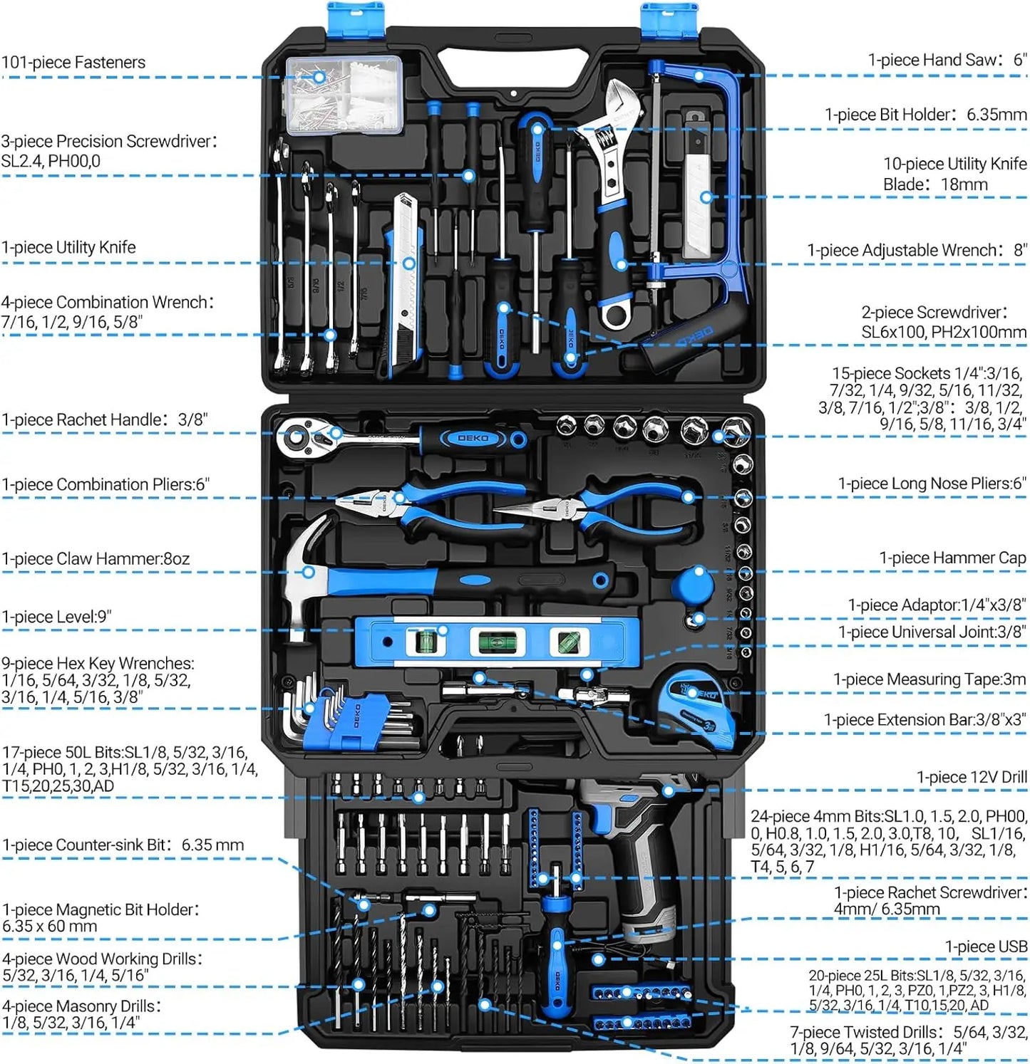 DEKODIY 12V Cordless Drill Tool Set With Toolbox Organizer Case