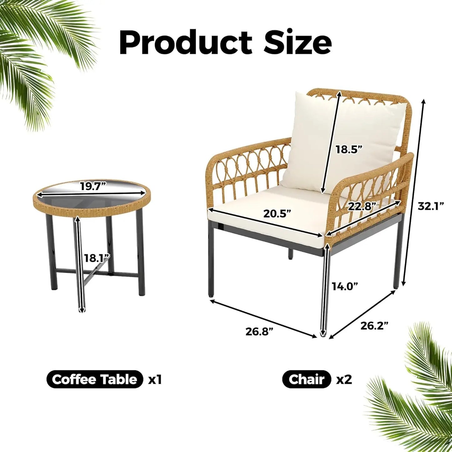 All-Weather Wicker Rattan Bistro Patio Furniture Set with Glass Table
