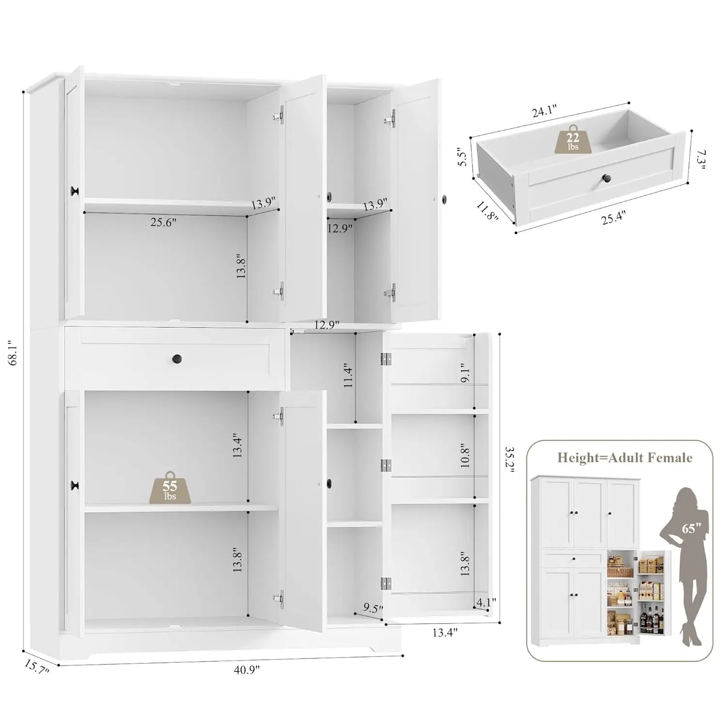 HUANZHUANG Modern Kitchen Pantry Cabinet With Doors And Shelves