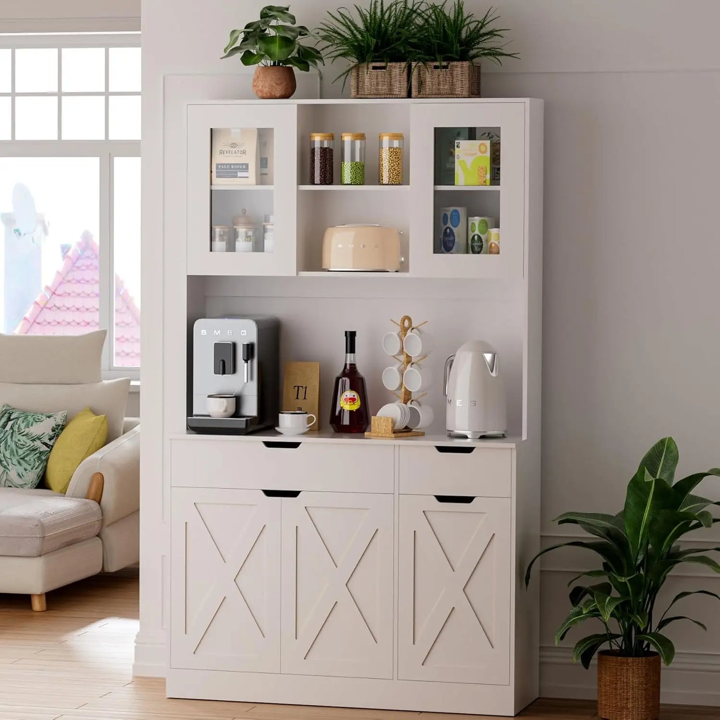 Pantry Cabinet Hutch With Built In Power Outlet And Adjustable Shelves