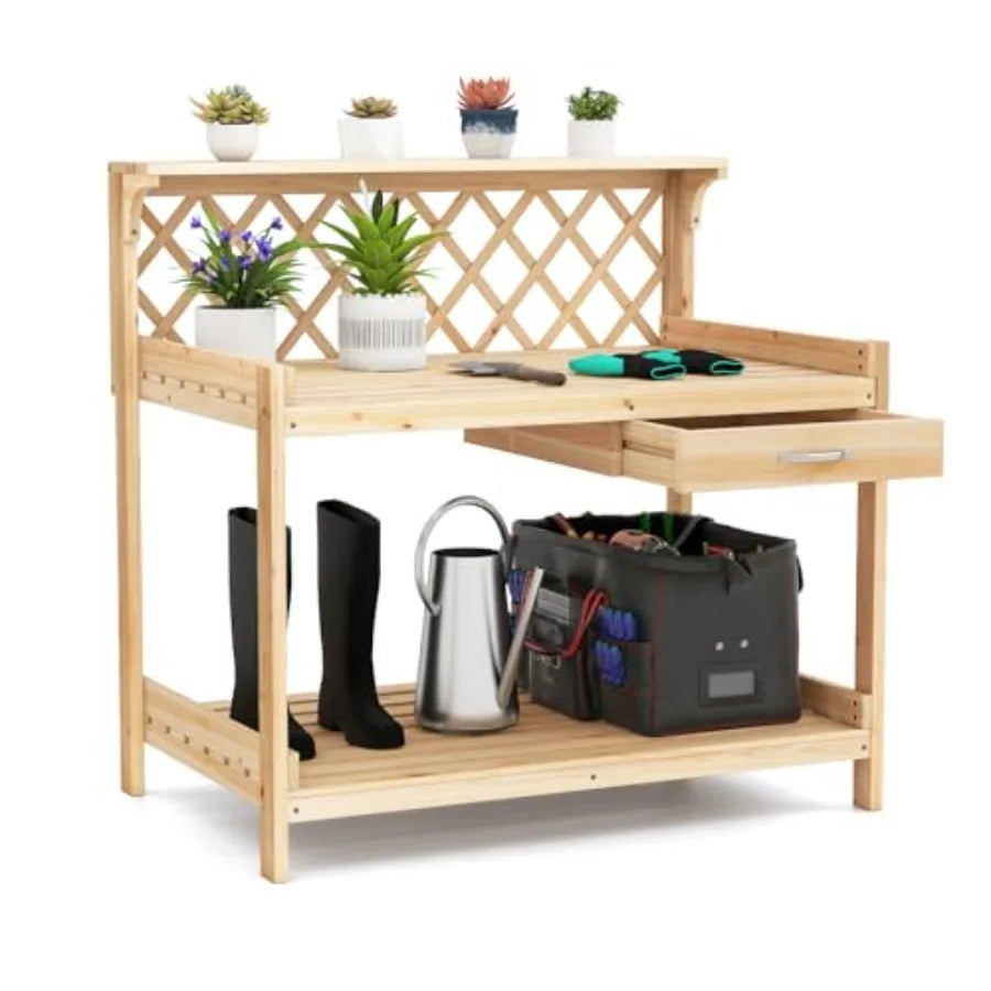 Outdoor Wood Potting Bench With 3 Tier Shelves And Drawer