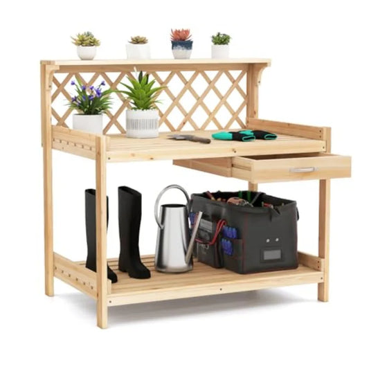 Outdoor Wood Potting Bench With 3 Tier Shelves And Drawer