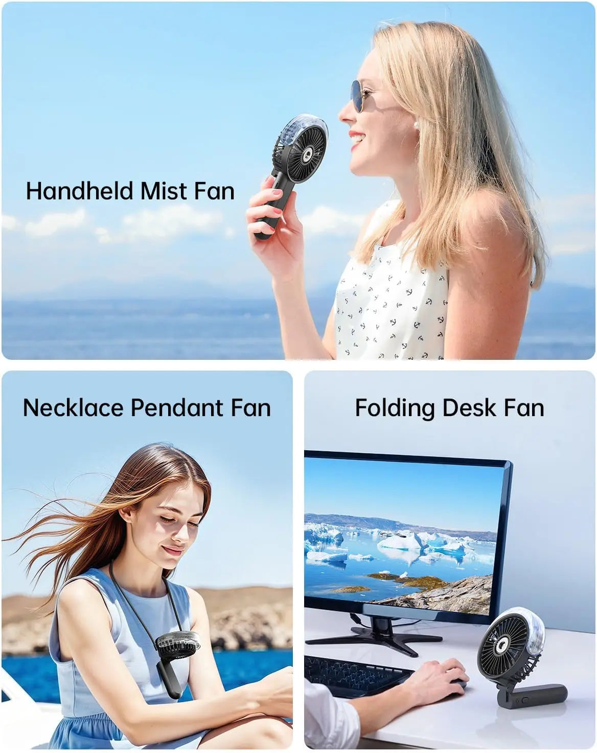 Foldable Misting Fan 180 Degree 3 Speeds USB Rechargeable