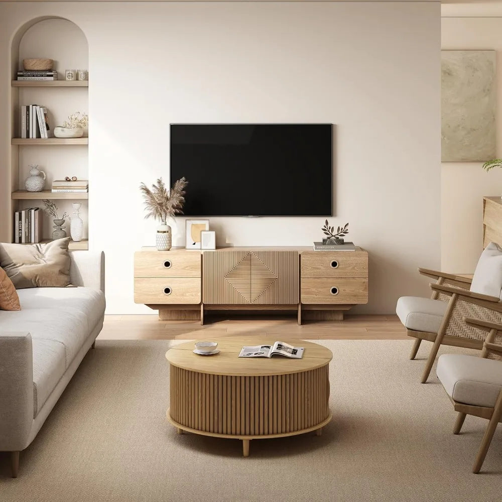 Fluted TV Stand Boho Modern Entertainment Center With Storage