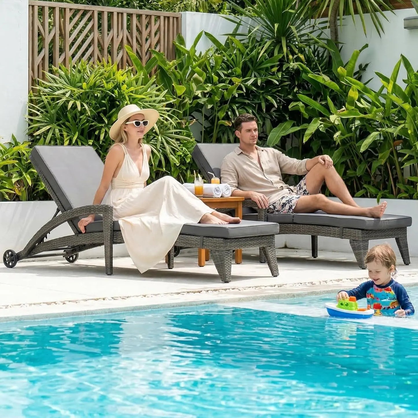 Adjustable Upholstered Chaise Lounge Set With Wicker Reclining Chairs