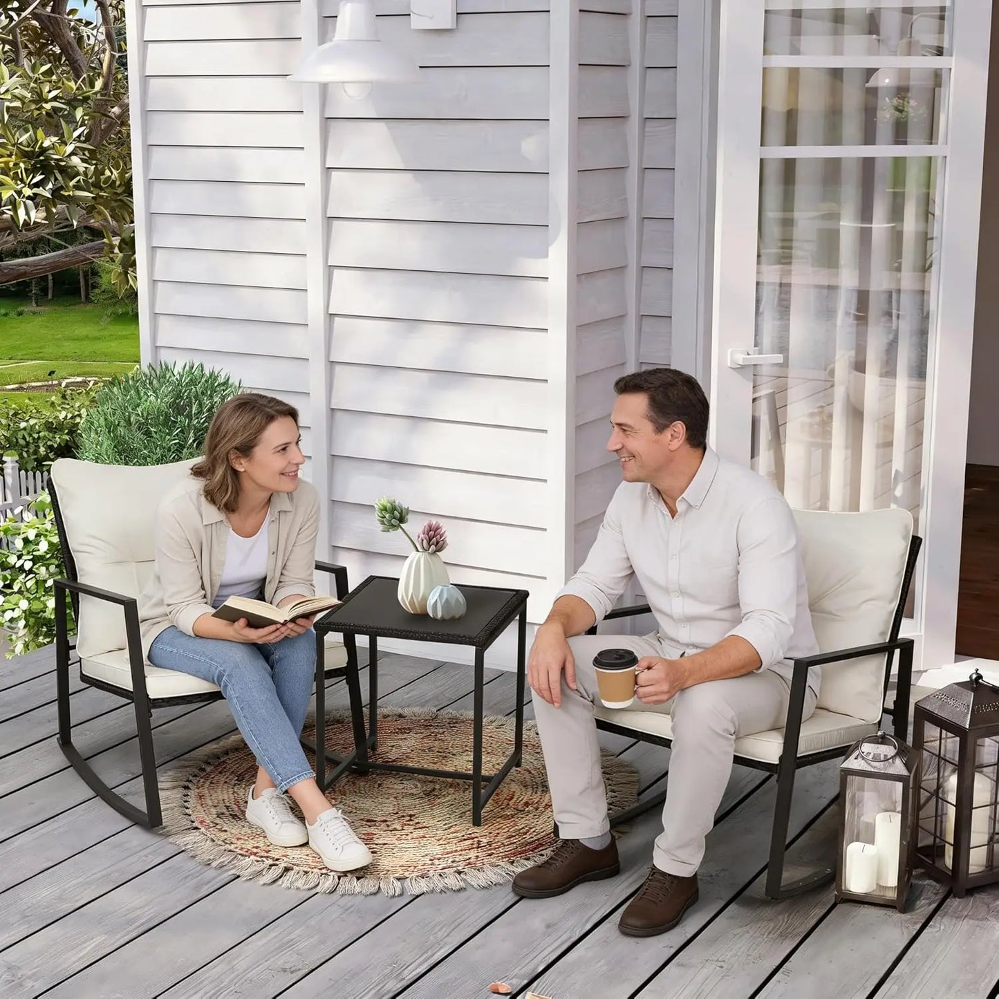 Outdoor Rocking Bistro Set Wicker Furniture With Glass Coffee Table