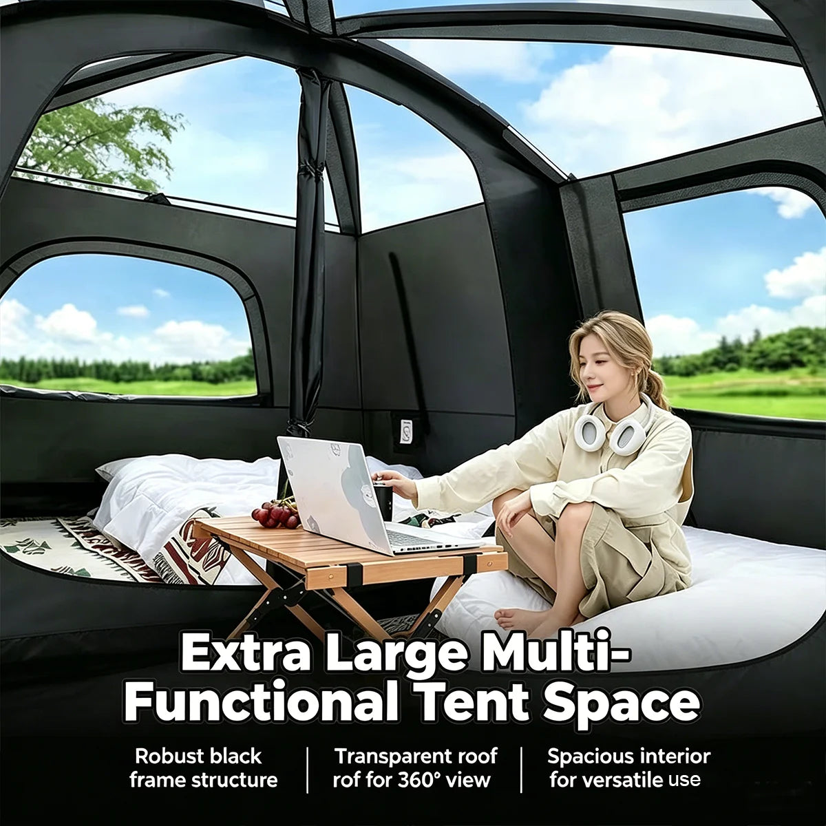 Family Outdoor Camping Tent With Extendable Canopy Waterproof Mosquito Proof