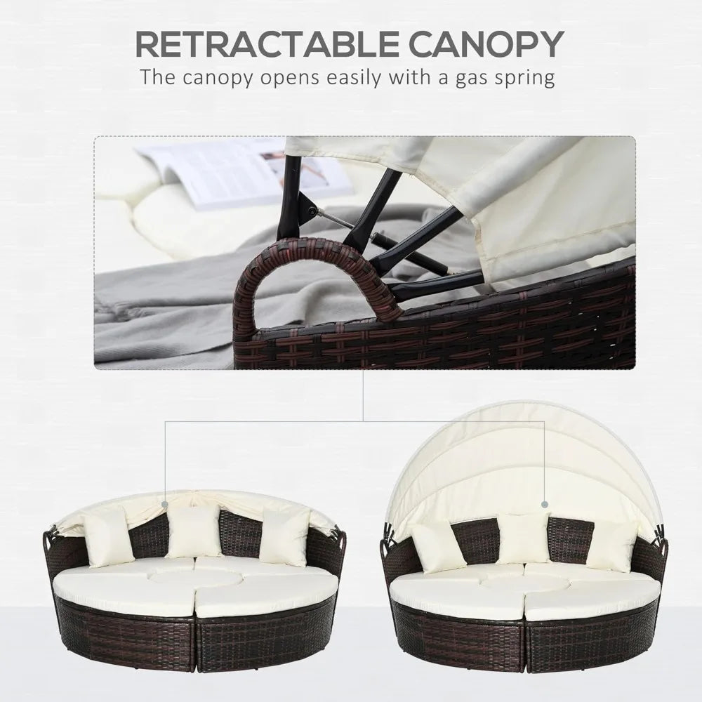 Outdoor Round Convertible Daybed Set With Cushions And Canopy In PE Rattan