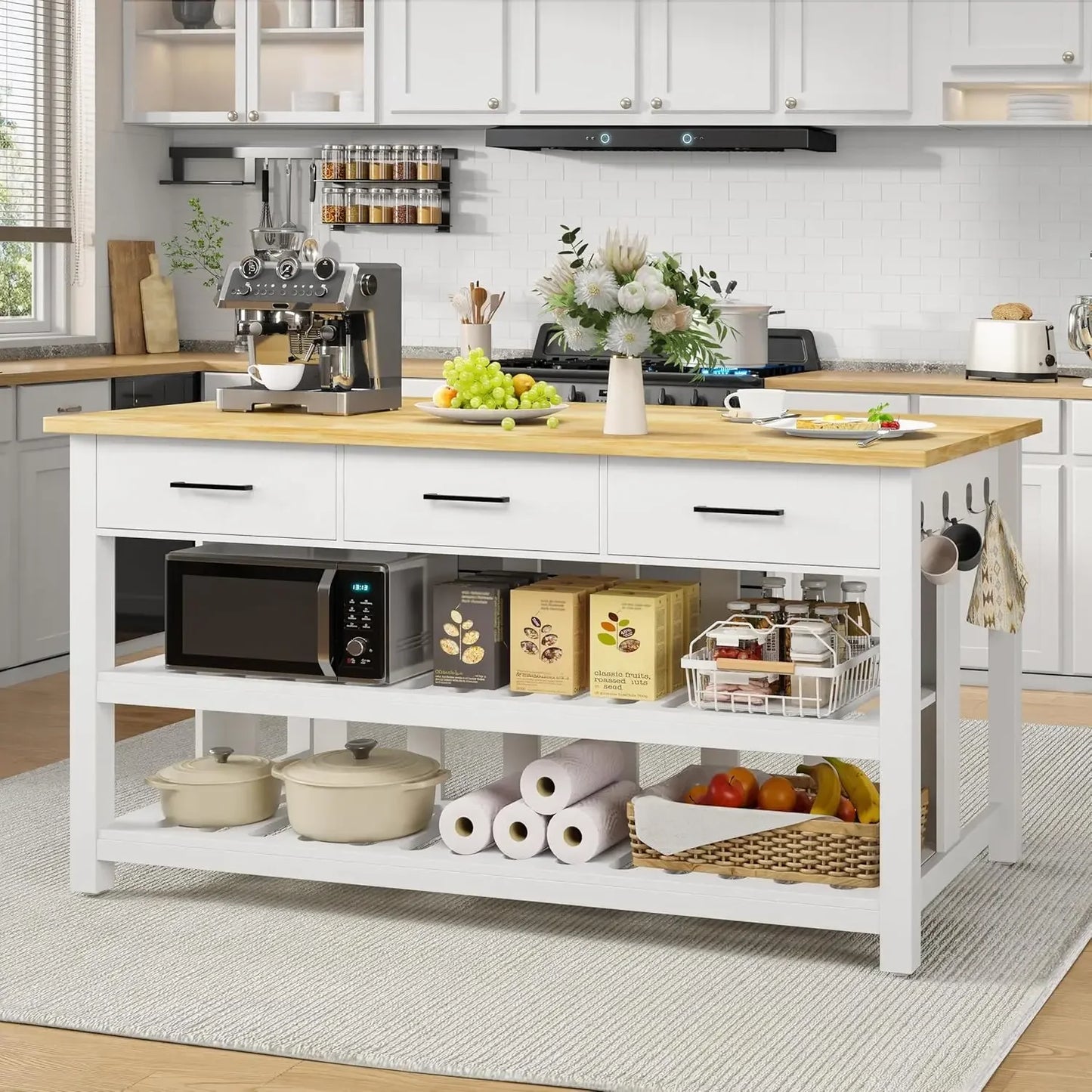 Solid Rubberwood Kitchen Island With Power Outlets 3 Drawers
