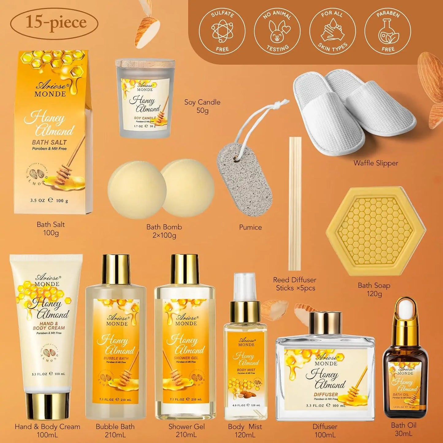 Luxury Honey Almond Spa Gift Set 15 Piece Bath Kit