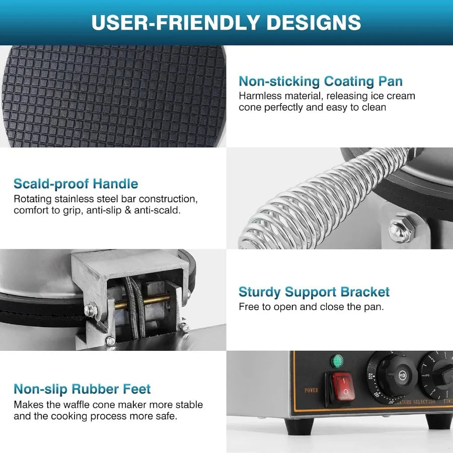 XMSJ Commercial Waffle Cone Maker Machine Stainless Steel 110V 1200W