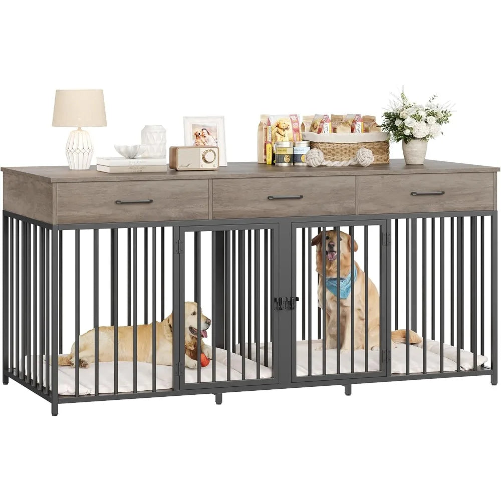 HOSTACK Farmhouse Double Dog Crate With 3 Drawers Kennel