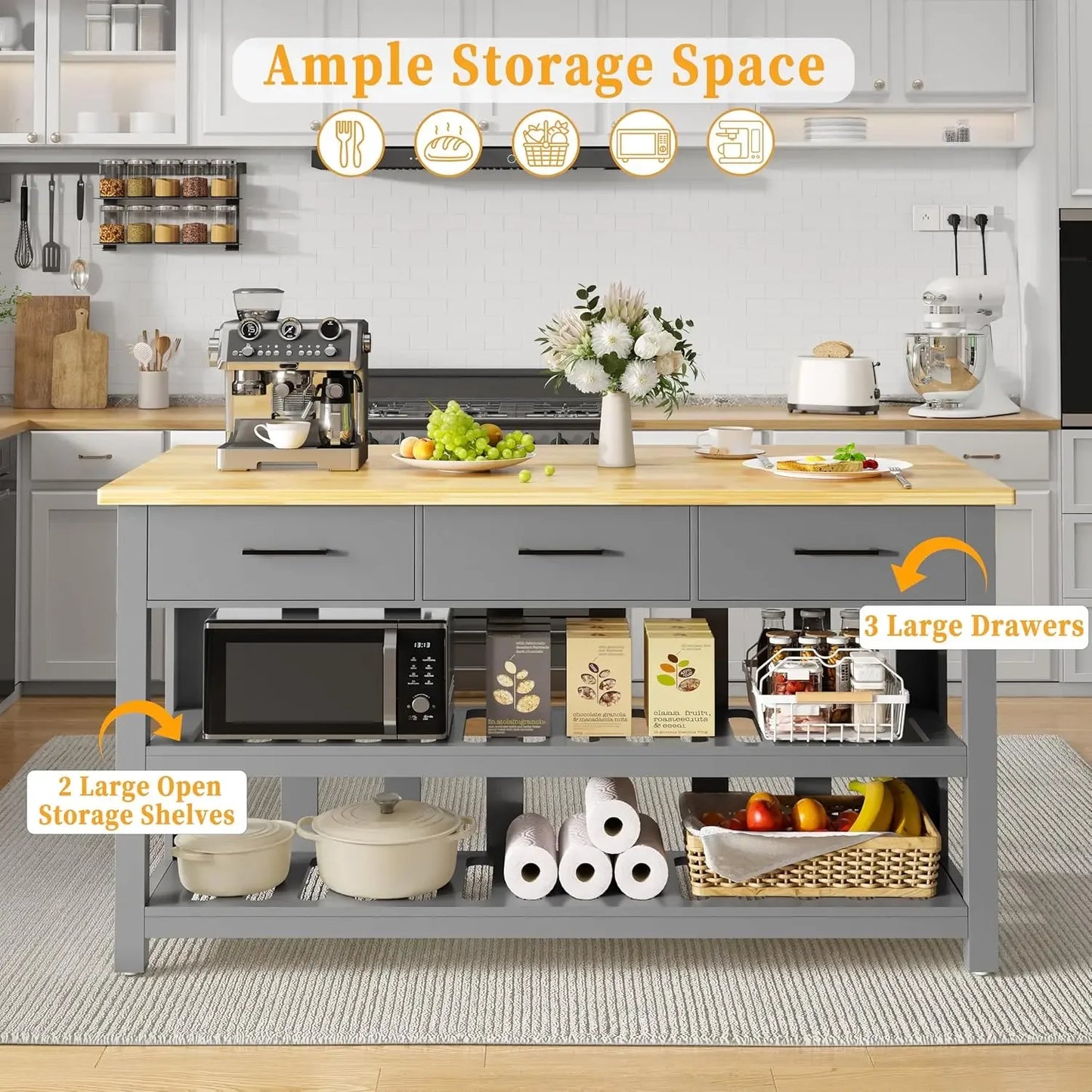 Solid Rubberwood Kitchen Island With Power Outlets Drawers Shelves