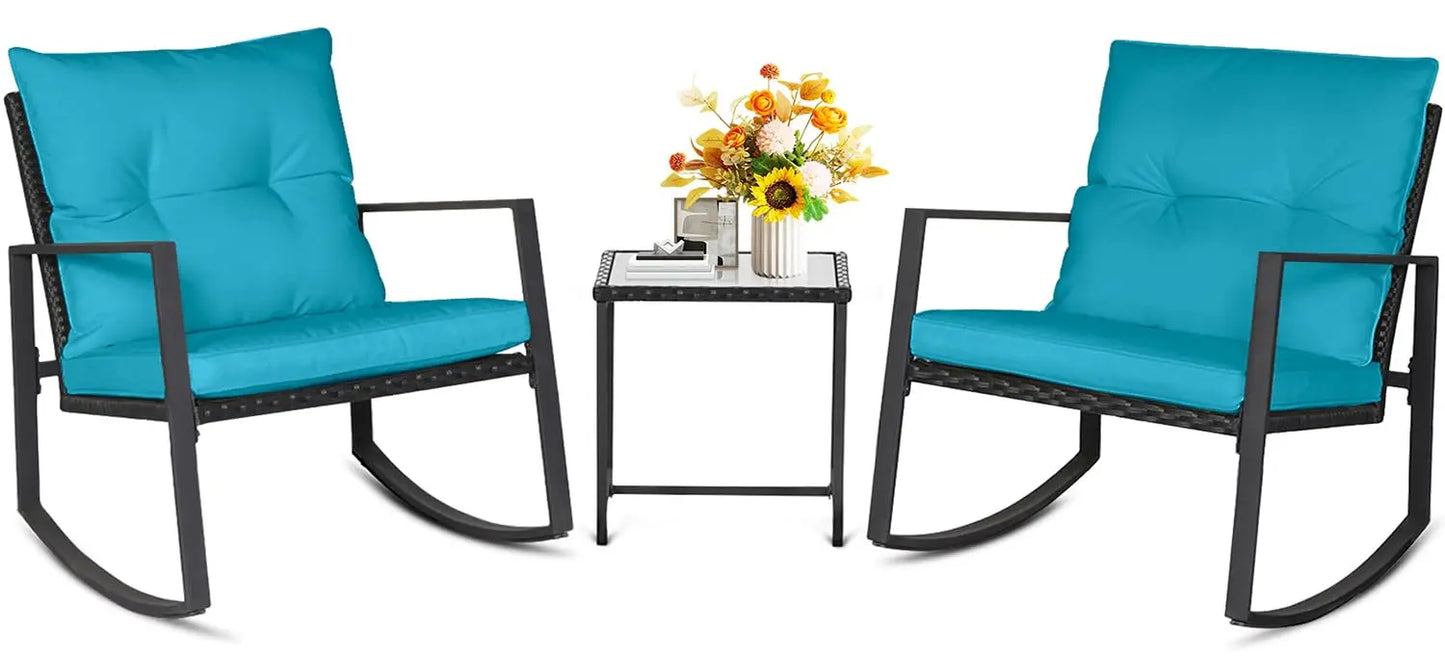 Outdoor Rocking Bistro Set Wicker Furniture With Glass Coffee Table