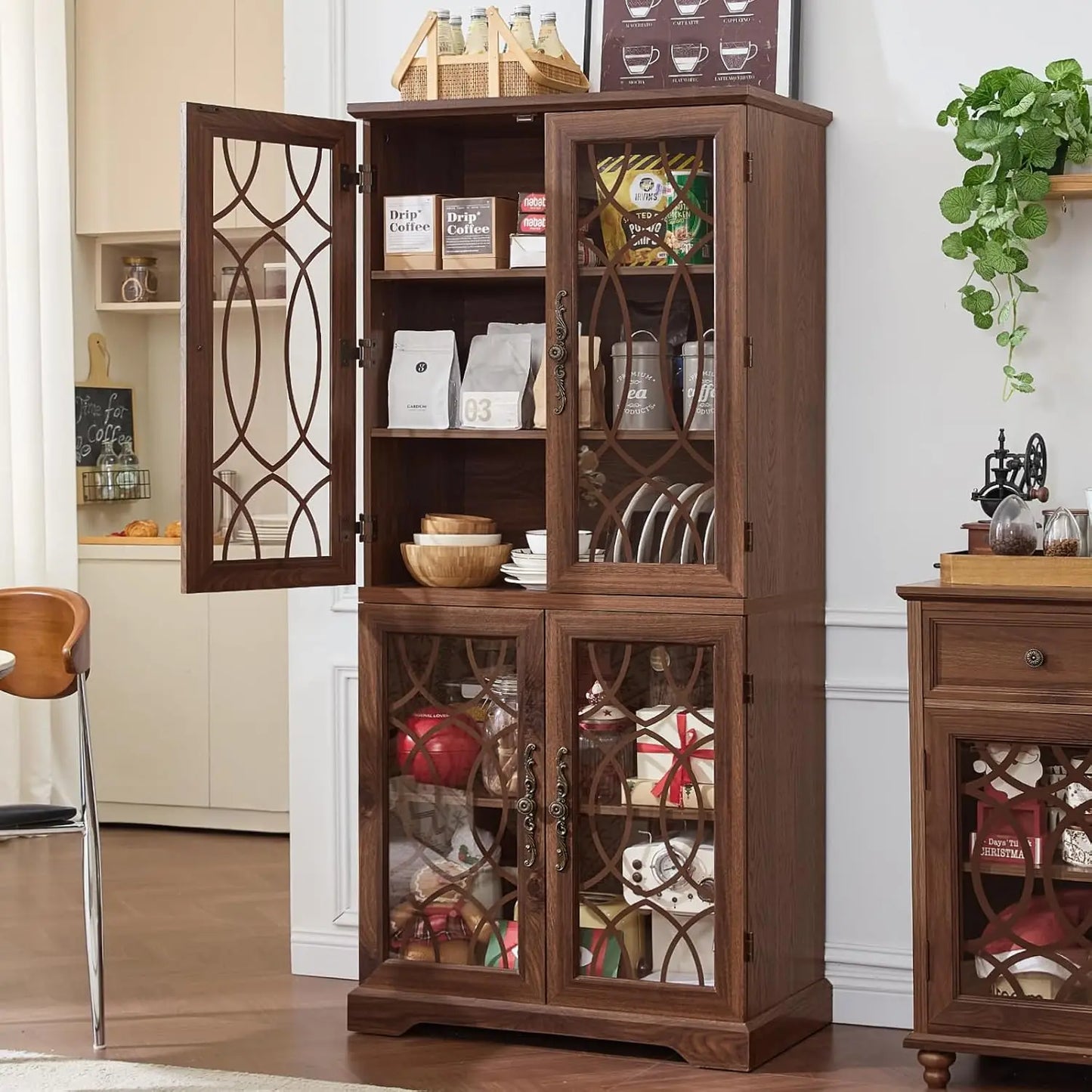 Kitchen Pantry Cabinet With Glass Doors And Adjustable Shelves