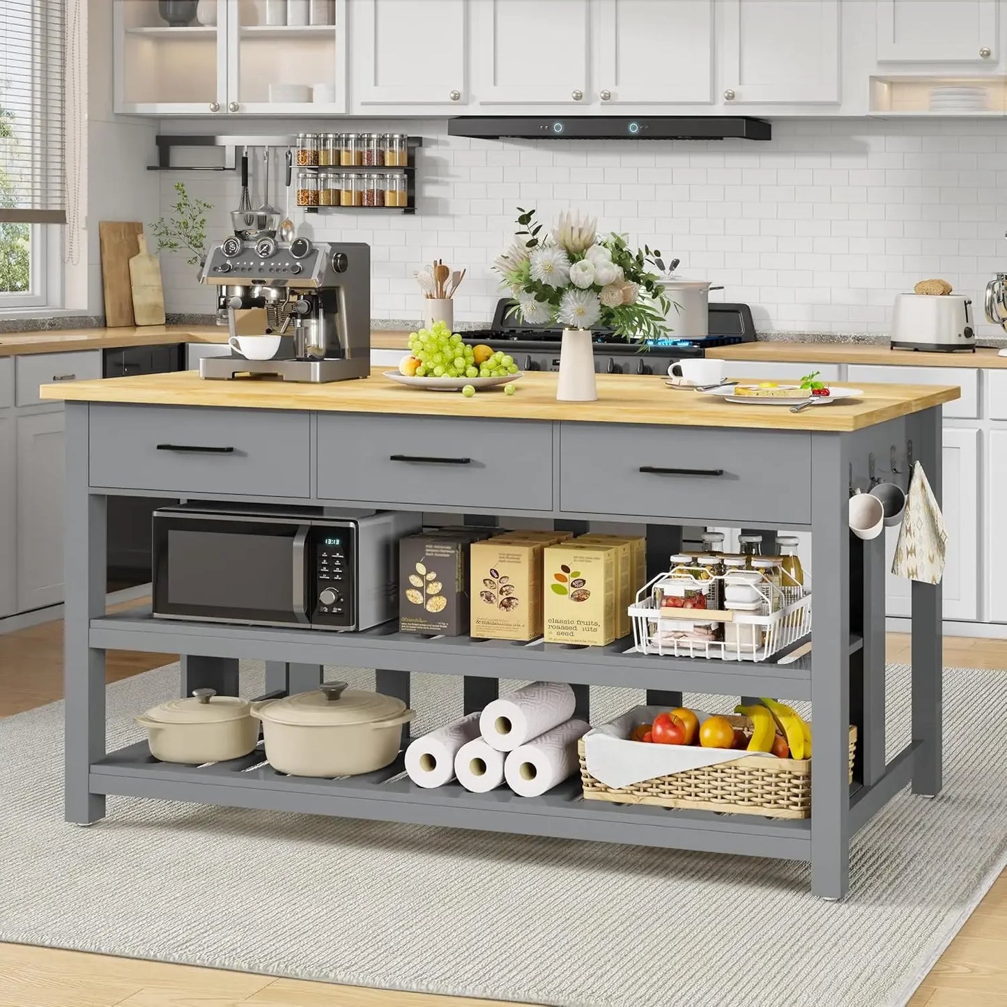 Solid Rubberwood Kitchen Island With Power Outlets 3 Drawers