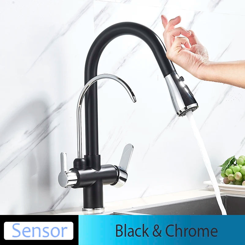 Onyzpily Dual Handle Black Deck Mounted Brass Kitchen Faucet With Touchless sensor