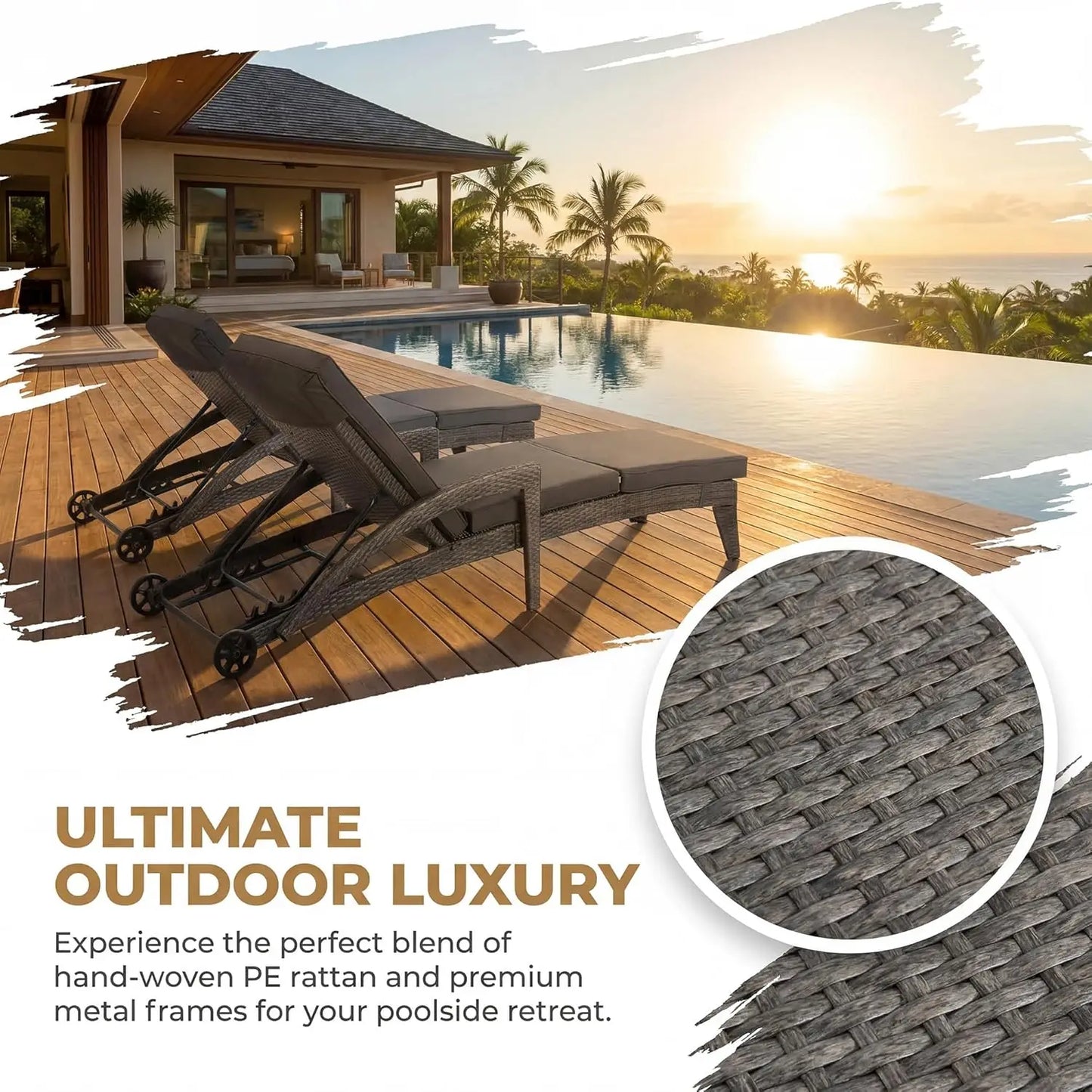 Adjustable Upholstered Chaise Lounge Set With Wicker Reclining Chairs