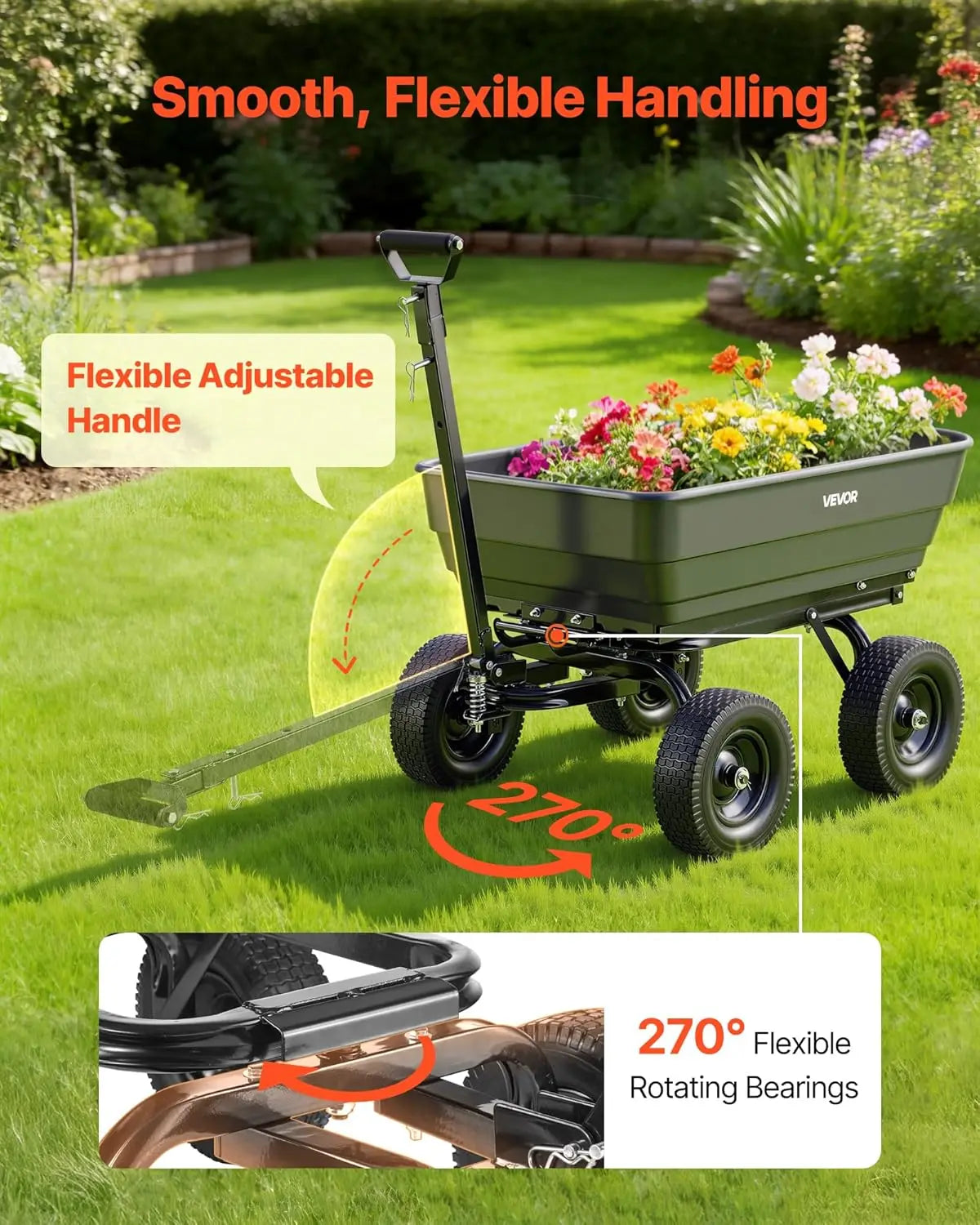Poly Garden Cart Dump Wheelbarrow Heavy Duty 2-In-1 Handle