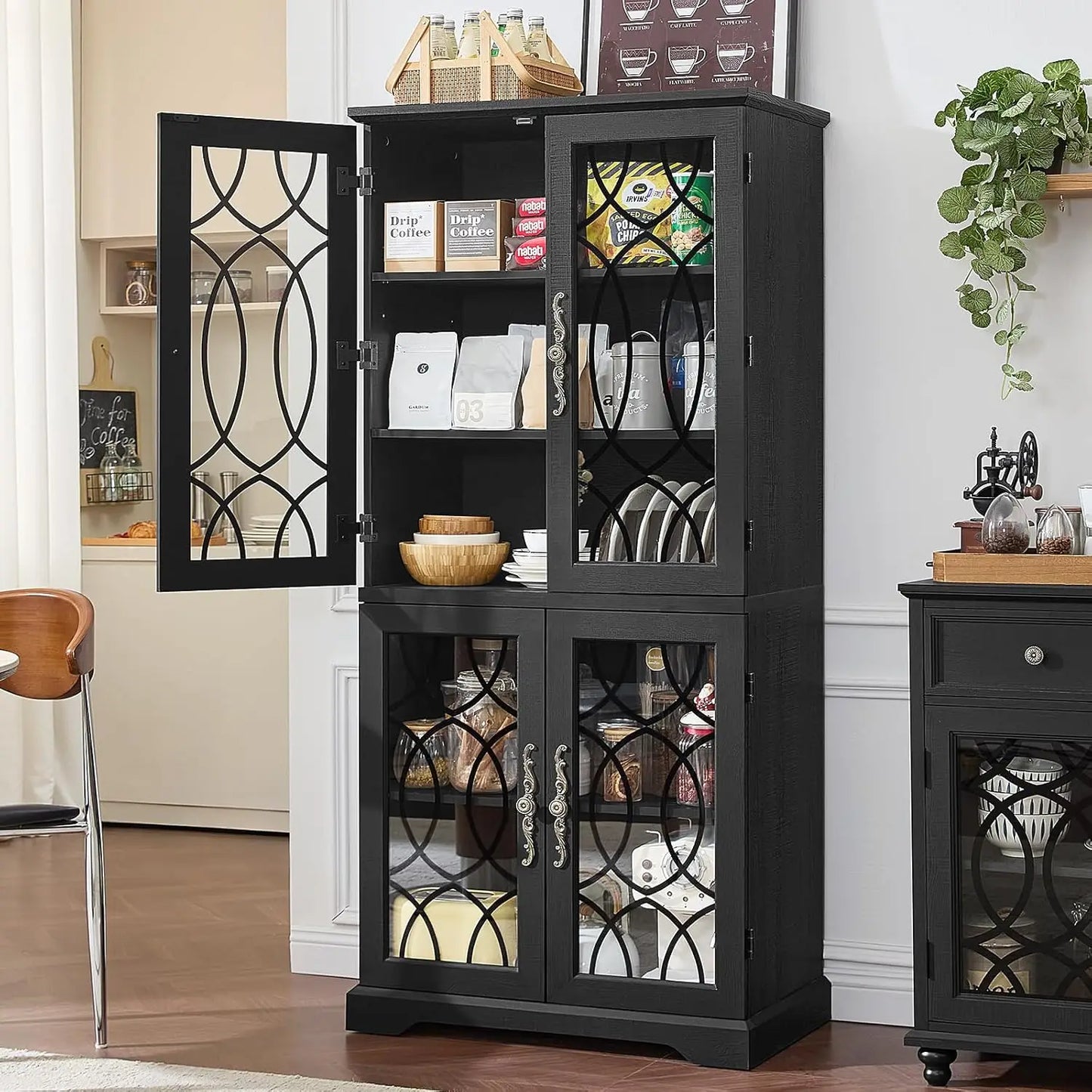 Kitchen Pantry Cabinet With Glass Doors And Adjustable Shelves
