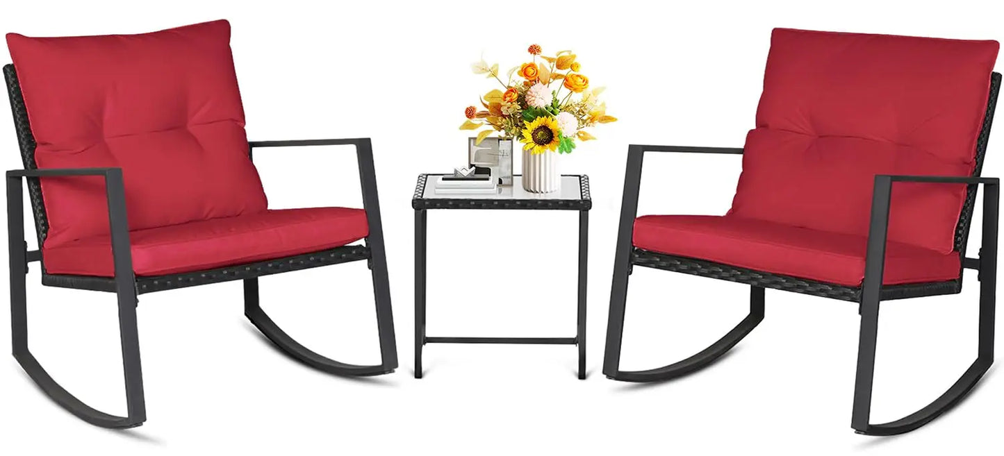 Outdoor Rocking Bistro Set Wicker Furniture With Glass Coffee Table
