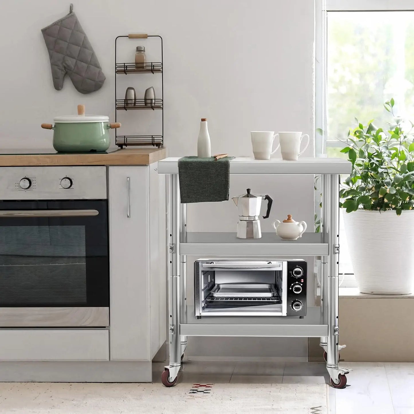 Stainless Steel Kitchen Work Table With Wheels And Three Shelves
