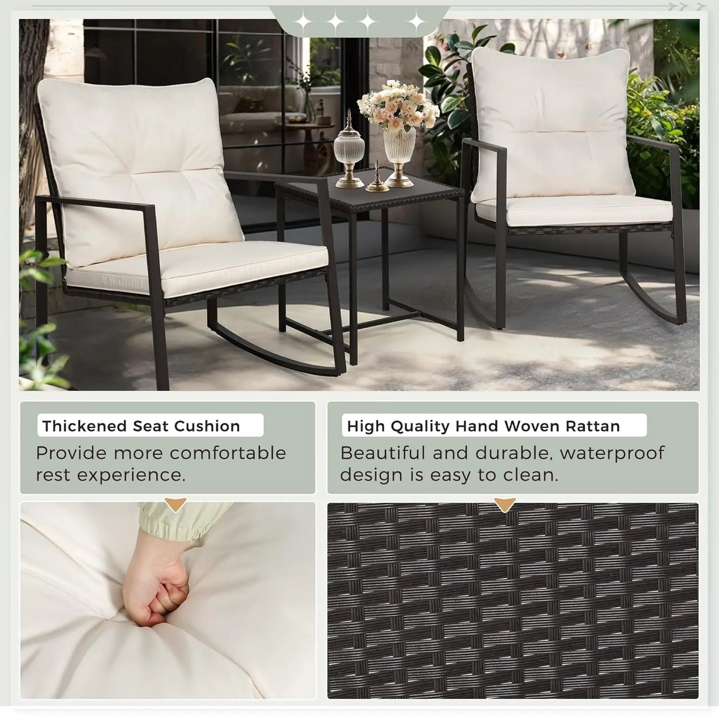 Outdoor Rocking Bistro Set Wicker Furniture With Glass Coffee Table