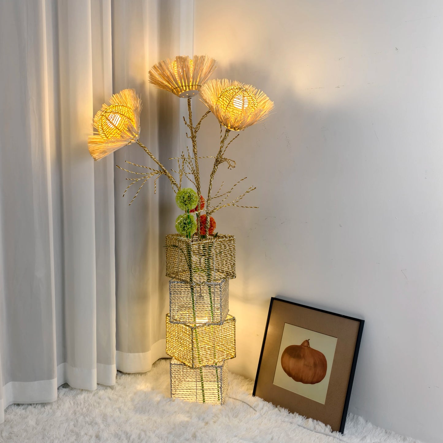 Modern Rattan Floor Lamp Dimmable LED For Living Room