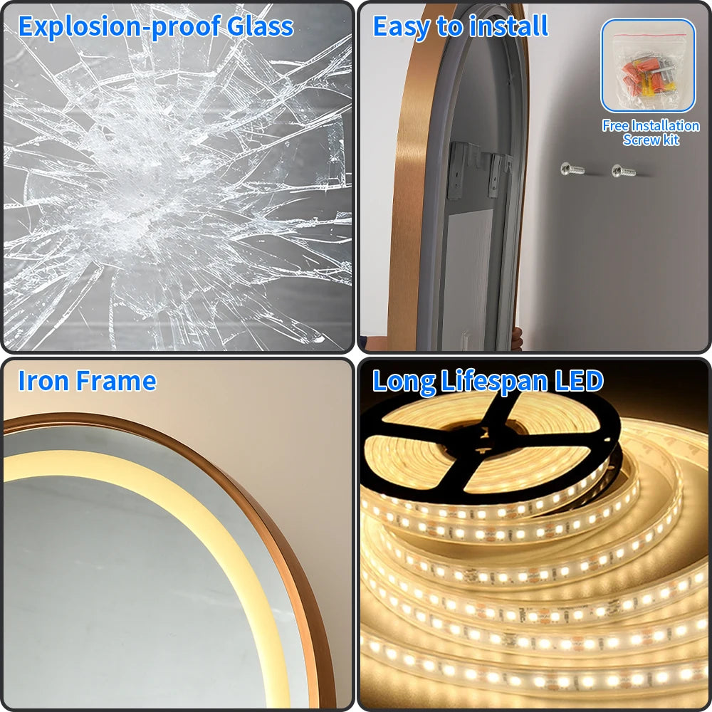 Arched LED Bathroom Mirror Wall Mounted Anti Fog and Touch