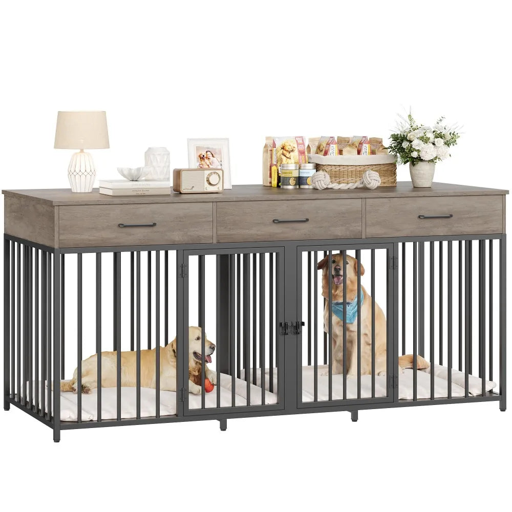 HOSTACK Farmhouse Double Dog Crate With 3 Drawers Kennel