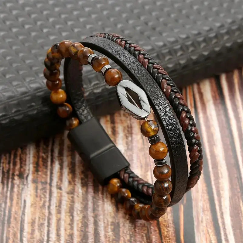 Leather Bracelet For Men Multi Layer Handwoven Fashion Accessory