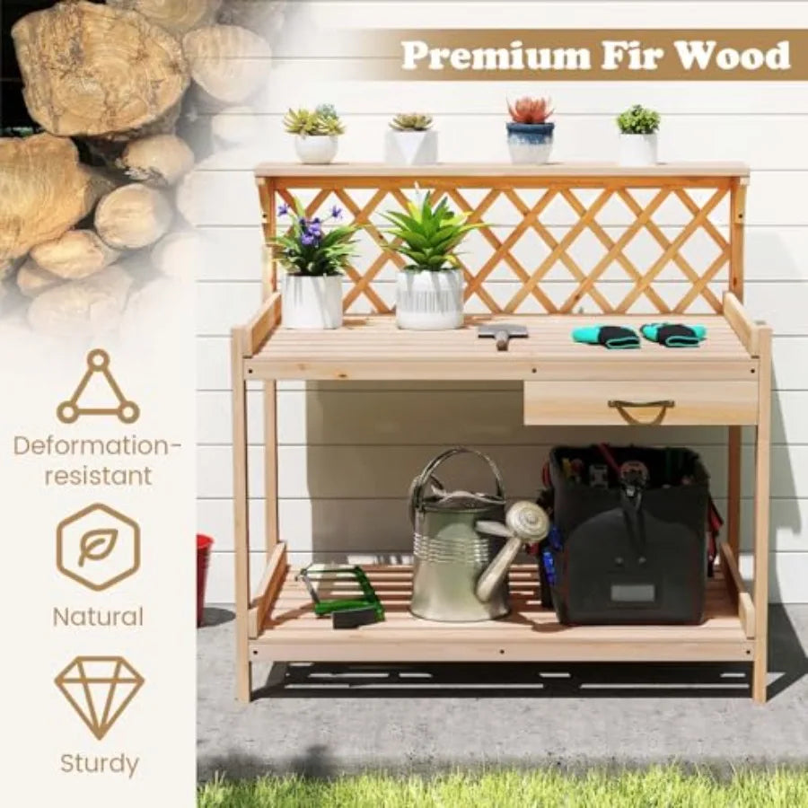 Outdoor Wood Potting Bench With 3 Tier Shelves And Drawer